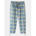 Mens Plaid Relaxed Fit Drawstring Cuff Pants With Pocket