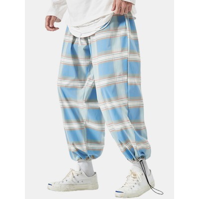 Mens Plaid Relaxed Fit Drawstring Cuff Pants With Pocket