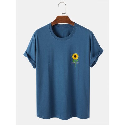Mens Sunflower Print Round Neck Short Sleeve T  Shirt