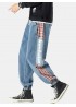 Mens Side Plaid Patchwork Letter Pritned Casual Drawstring Denim Jogger Pants