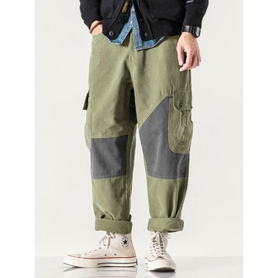 Mens Patchwork Zipper Fly Casual Cotton Cargo Pants With Pocket